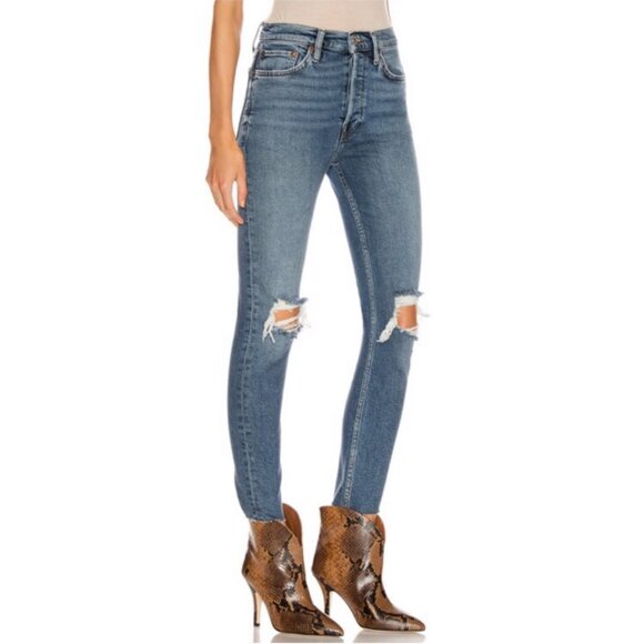 Re/Done 90's High Rise Ankle Crop Jeans in Dusk Destroy - Picture 3 of 13